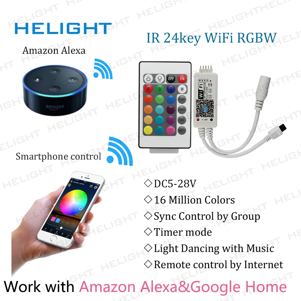 5M 300LED 5050 RGBW/WW Strip+WIFI RGBW Music controller Syc control By Amazon Alexa Google Home Smart Phone+Power full set