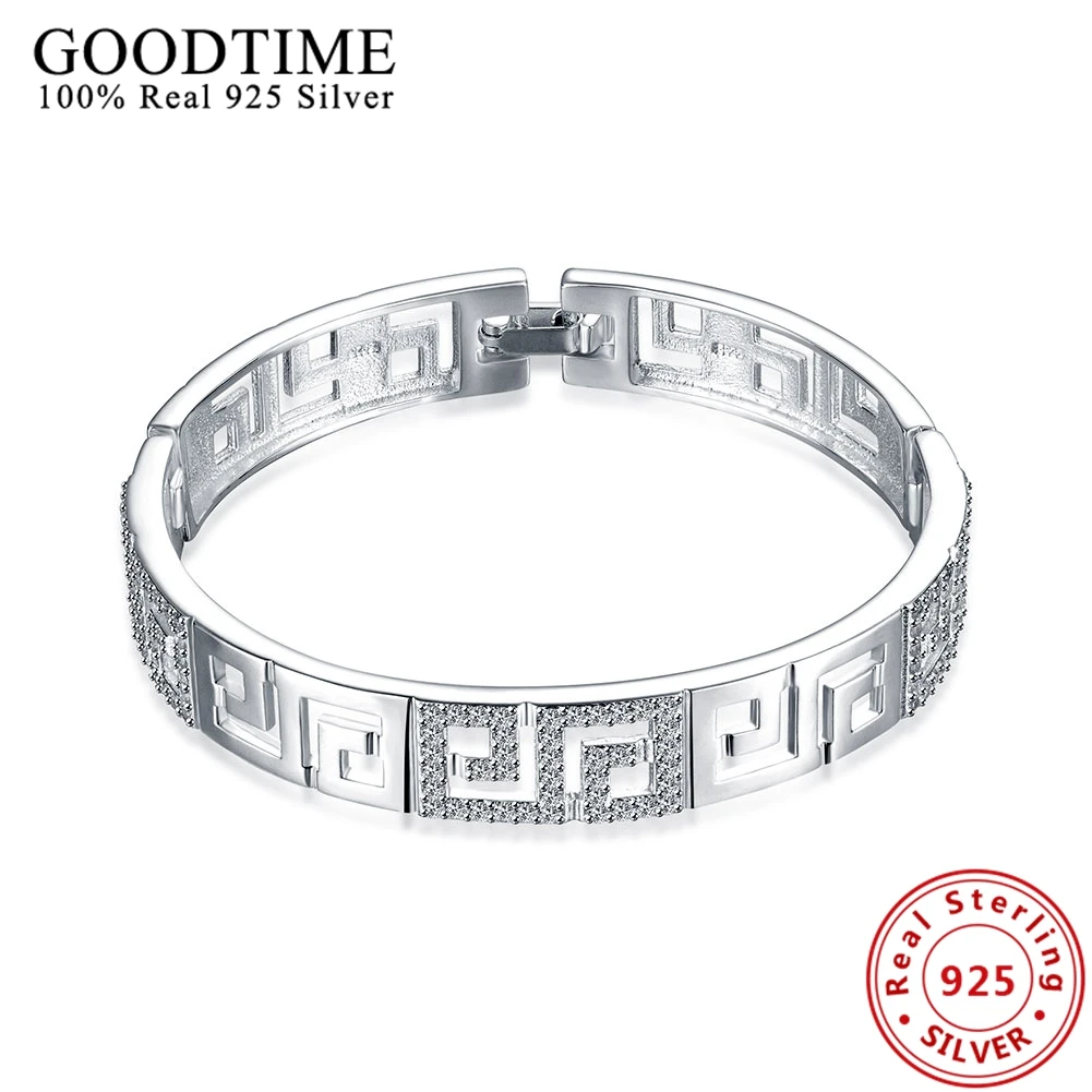 925 Sterling Silver Bracelets Bangles for Women Party Jewelry Top Quality Hollow Maze Pattern Cubic Zirconia GTB011 | Украшения и
