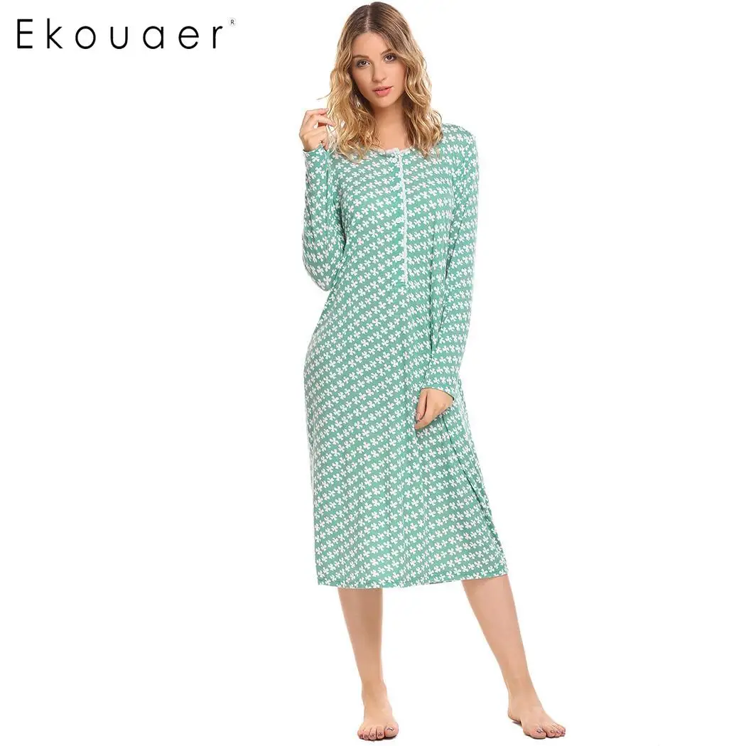 Ekouaer Women Long Sleeve Nightgown Soft Sleepwear Nightdress Round