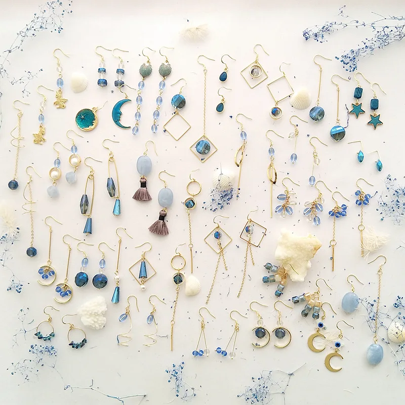 

MuHan 2019 New Korea Long Earrings for Women Blue Crystal Manual Tassel Allergy Drop Earrings Girl Trendy Summer Jewelry Gift