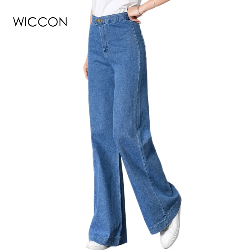 2019 Autumn Women's Wide Leg Jeans Ladys High Waist Solid Bell Bottom Denim Pants Loose Trousers Mom Jeans WICCON