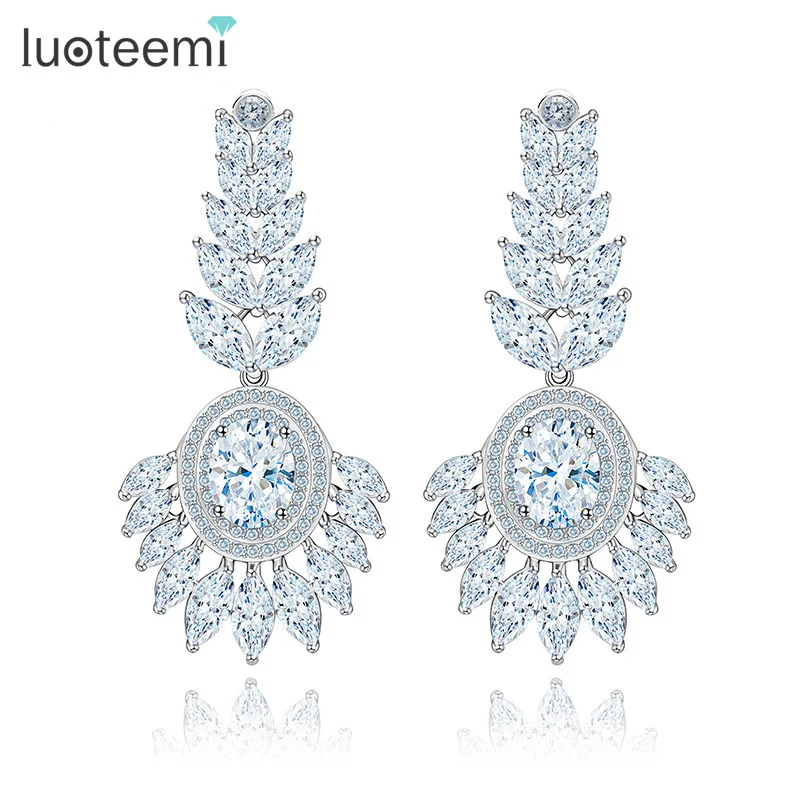 

LUOTEEMI Wholesale Luxury New Design Exaggerated Latest Tops Fashion Long Big White CZ Earrings Women Bridal Wedding Party