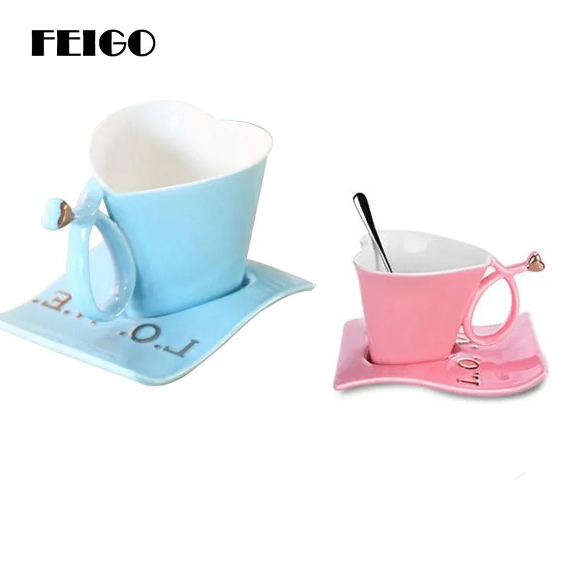 FEIGO Cute 200ml Heart Shape Mug Ceramic Coffee Cups Set Coffee Cup Saucer Loves Tea Cup Set For Couple Mugs Fashion Gift F374 FEIGO Cute 200ml Heart Shape Mug Ceramic Coffee Cups Set Coffee Cup Saucer Loves Tea Cup Set For Couple Mugs Fashion Gift F374