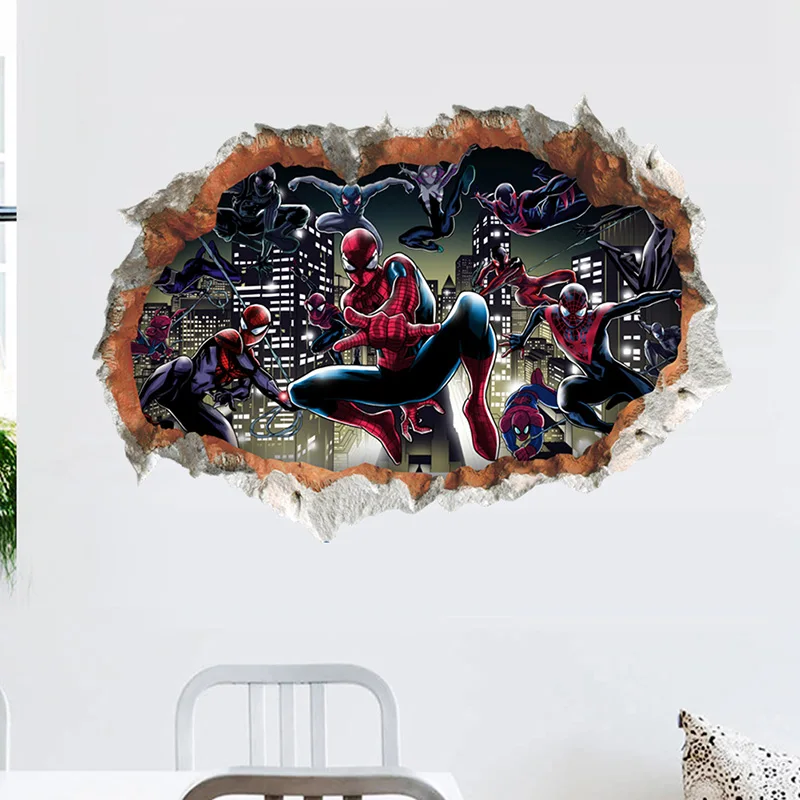 Marvel  Movie Spiderman 3DVIEW Wall Hole Stickers For Kids Room Boys room accessories Super Heroes Mural Art Decal Home Decor