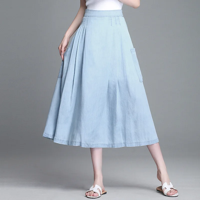 

New Summer Woman Plus Size Solid Blue Tencel Denim Long Skirt Korean Style Elastic High Waist Pocket Slim Fit A Line Jeans Skirt