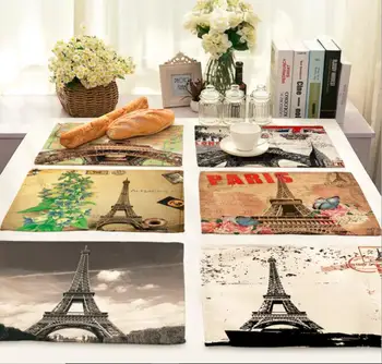 

Printed Linen Placemat Place mat Table Mat Pairs iron tower polyester Dinner table mat Coaster Home textile Dec FG858
