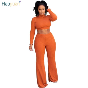 

HAOYUAN Women Autumn Matching Sets Clothes Sexy Outfits Turtleneck Knitted Sweater Tops and Wide Leg Pants Suit Two Piece Set