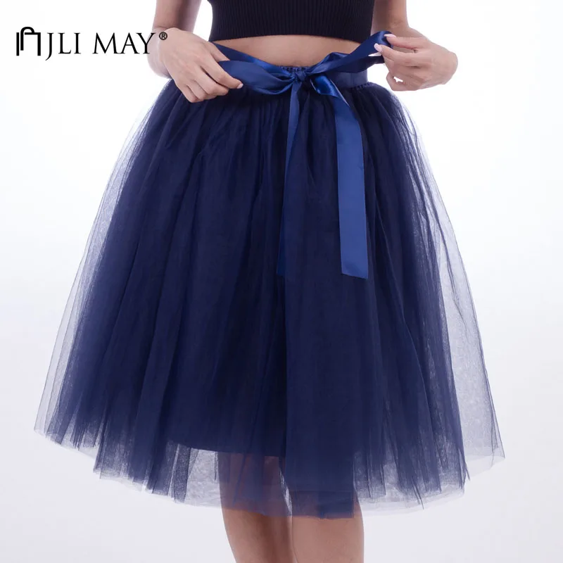 Navy Blue Jli May 7 слоев 65 см, длина до колена, фатиновая юбка пикантные элегантные вечерние Свадебное бальное платье миди с поясом; повседневная одежда с высокой талией, Женская юбка-пачка - Цвет: Navy Blue