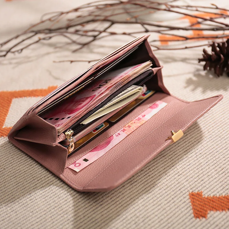 Милый кошелек из натуральной кожи, женская модная сумка для денег, Роскошный дизайнерский кошелек с застежкой, вместительный кошелек для телефона, известный бренд, Длинные кошельки