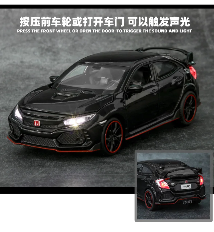 1:32 HONDA CIVIC TYPE-R Diecasts & Toy модель автомобиля со звуковым светом коллекционная машинка Игрушки для мальчиков подарок для детей