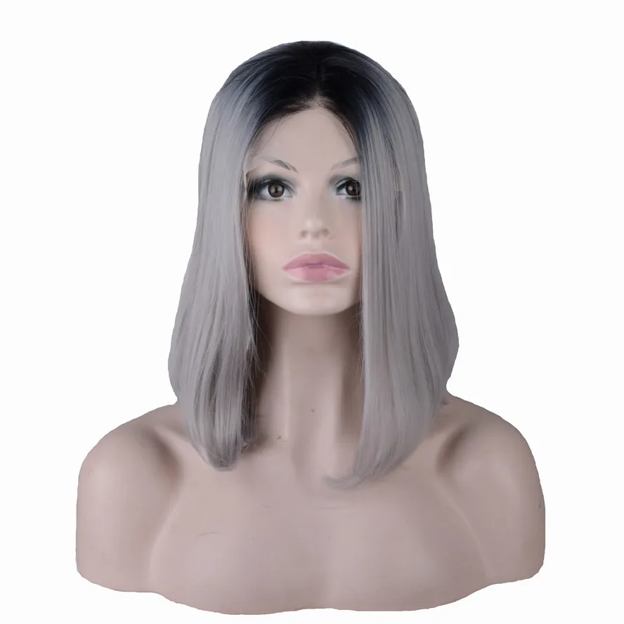 StrongBeauty Lace Front Wig Medium length Straight Silver grey Ombre