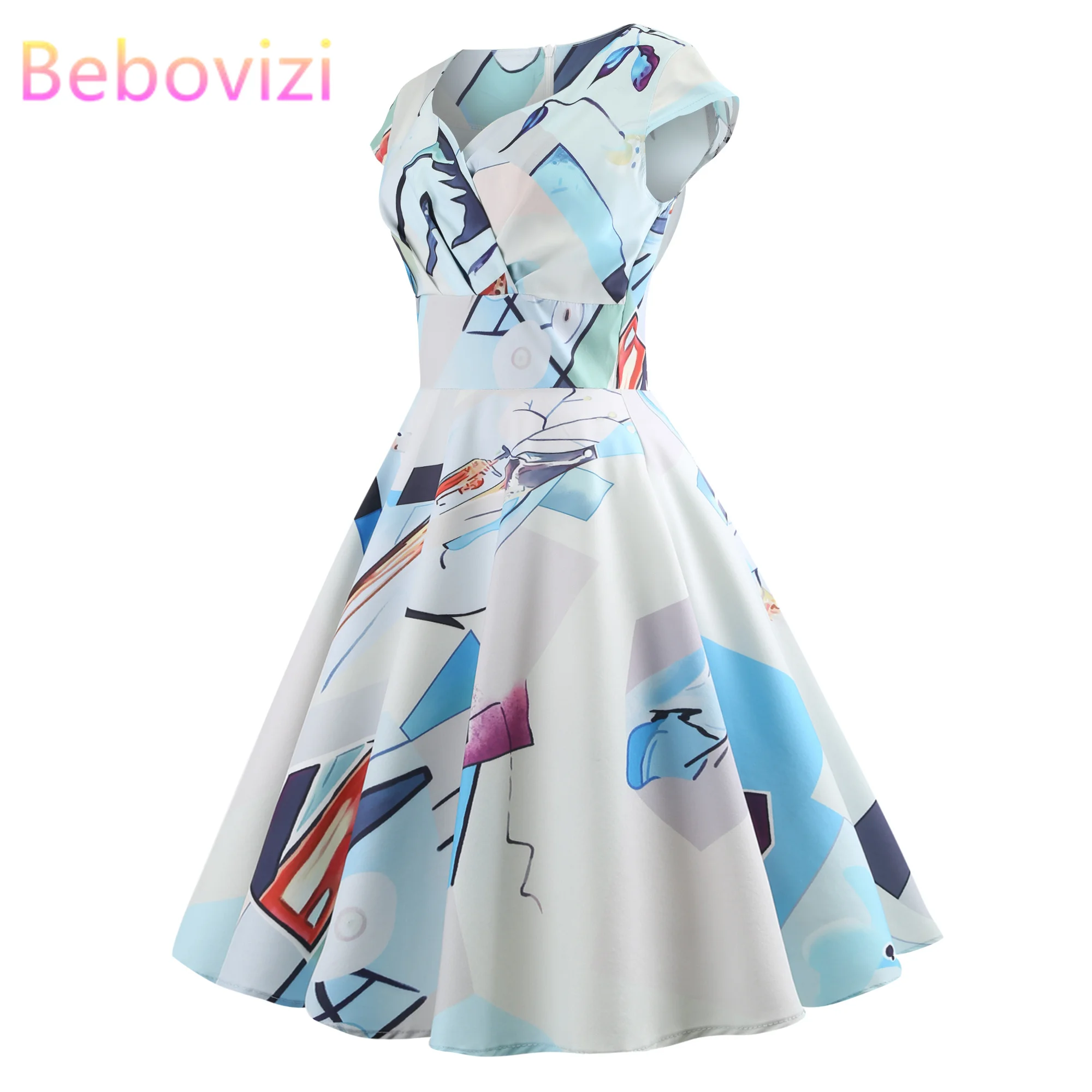 

Bebovizi Hepburn 50s Vintage V-Neck Casual Party Dress Summer Sexy Plus Size Flower Print White Short Fashion Women 2019 Dresses