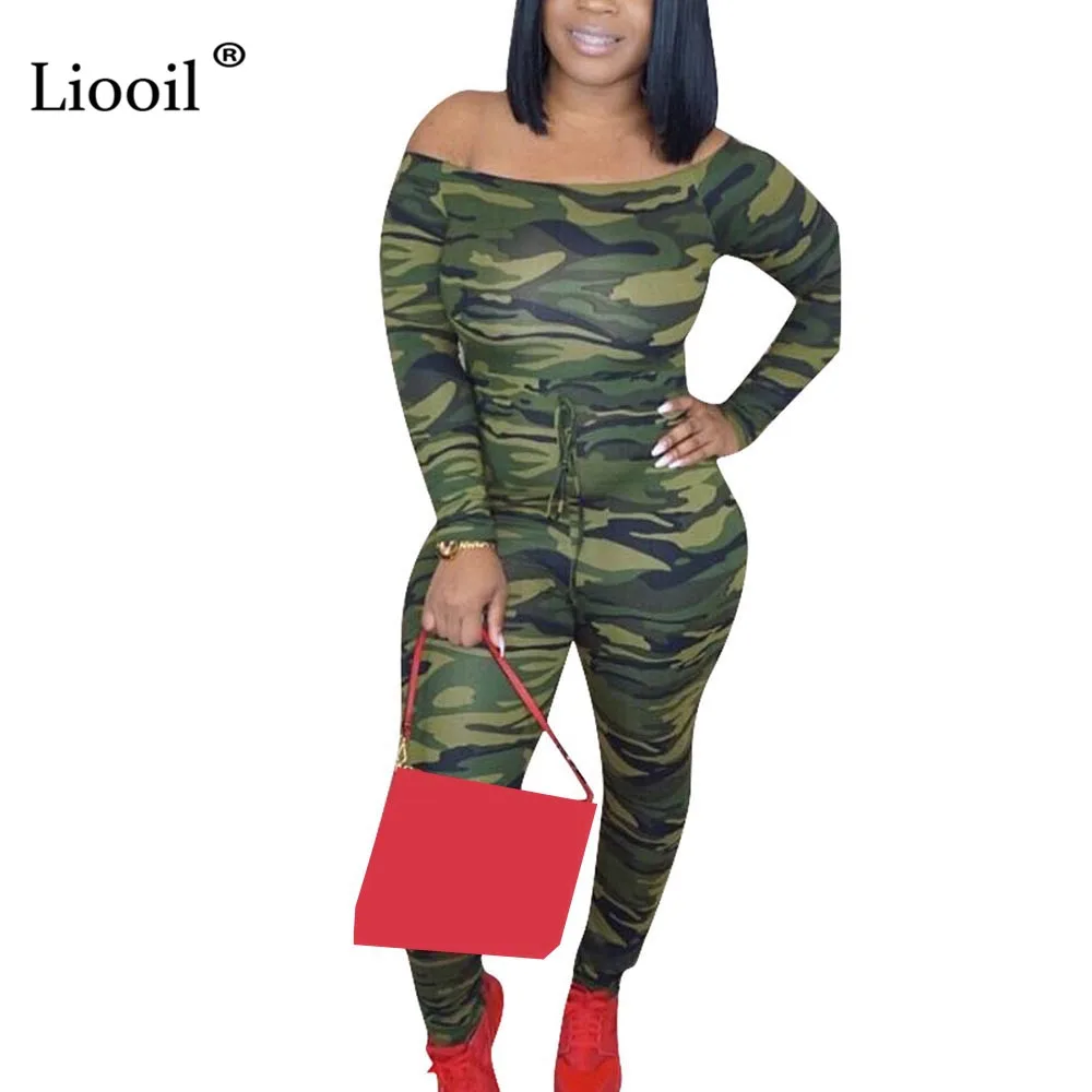 Liooil Camouflage Bodycon Sexy Sheer Jumpsuits For Women Club One Piece Outfits Off Shoulder Party Rompers Womens Jumpsuit