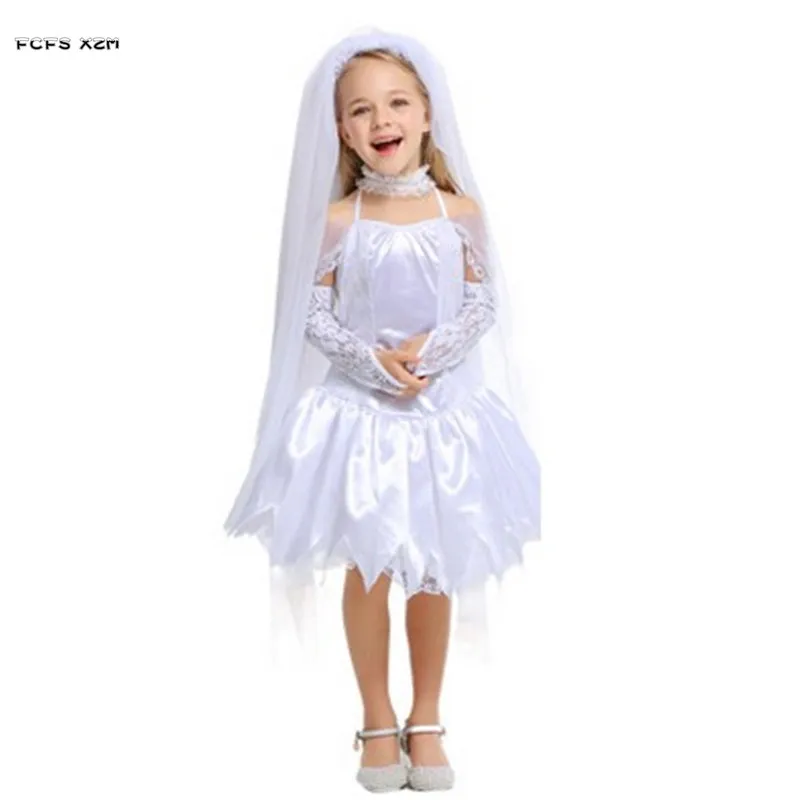 White Girls Halloween Bride Costume Children Kids Wedding Dress
