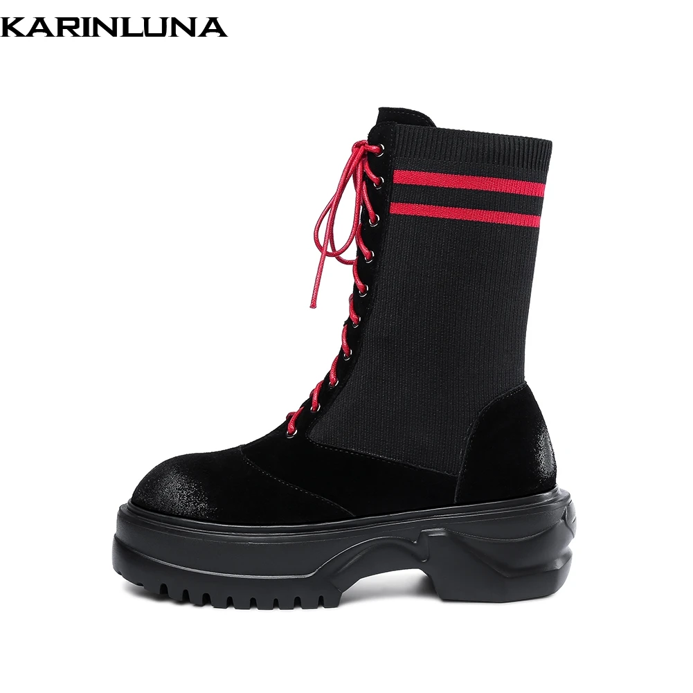 

KARINLUNA HOT SALE 2019 COW SUEDE KNITTING THICK BOTTOM WOMEN BOOTS SHOES WOMAN LEISURE FASHION STREET STYLE SHOES BOOTS