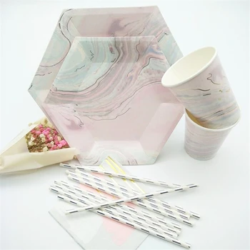 

8Sets Pink Marble Disposable Tableware Paper Plates Dishes Cups Napkins Straws for Wedding Birthday Baby Shower Party Decoration