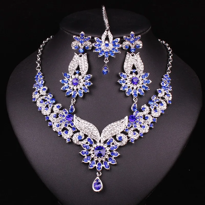 Мода Индийский стиль Кристалл Стразы ожерелье серьги набор посеребренные Свадебные Ювелирные наборы Ювелирные изделия Рождественский подарок для женщин
