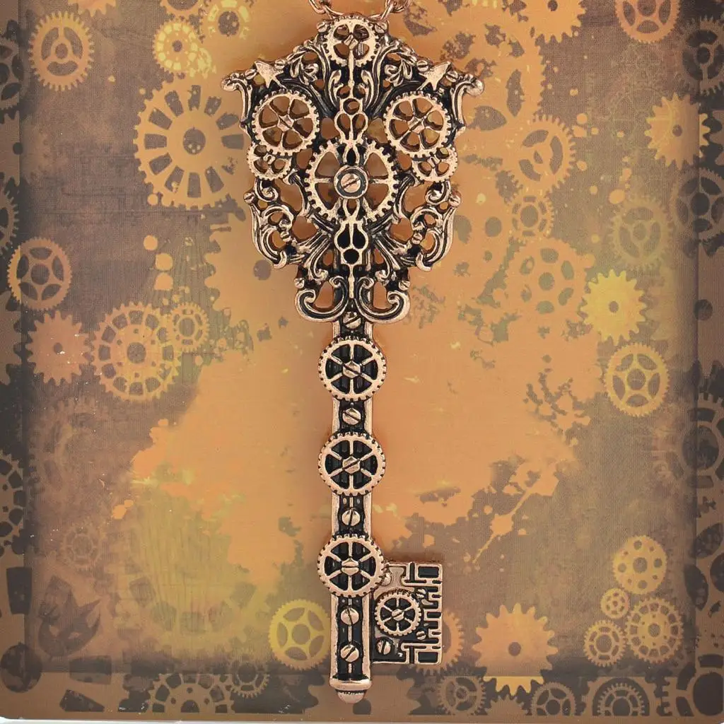 2pcs Vintage Filigree Skeleton Key Gear Cog Steampunk Chain Pendant Necklace