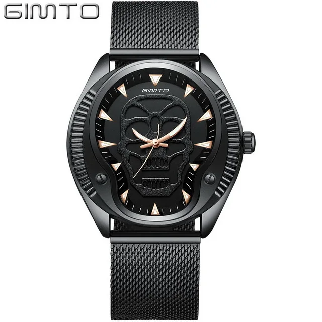 

2018 New Fashion GIMTO Mens Watch Men Full Steel Business Watch Unique Punk 3D Skeleton Quartz Wristwatch Relogio Masculino