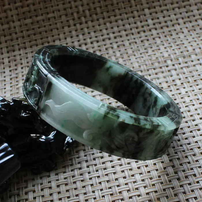 

A790 Chinese Hand-carved Emerald Green stoneite stone Gems Bracelet Bangle 62mm