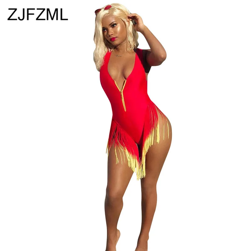 

Gradient Tassels Sexy Beach Bodysuit Women Deep V Neck Sleeveless Skinny One Piece Overall Summer Front Zipper Bodycon Playsuit