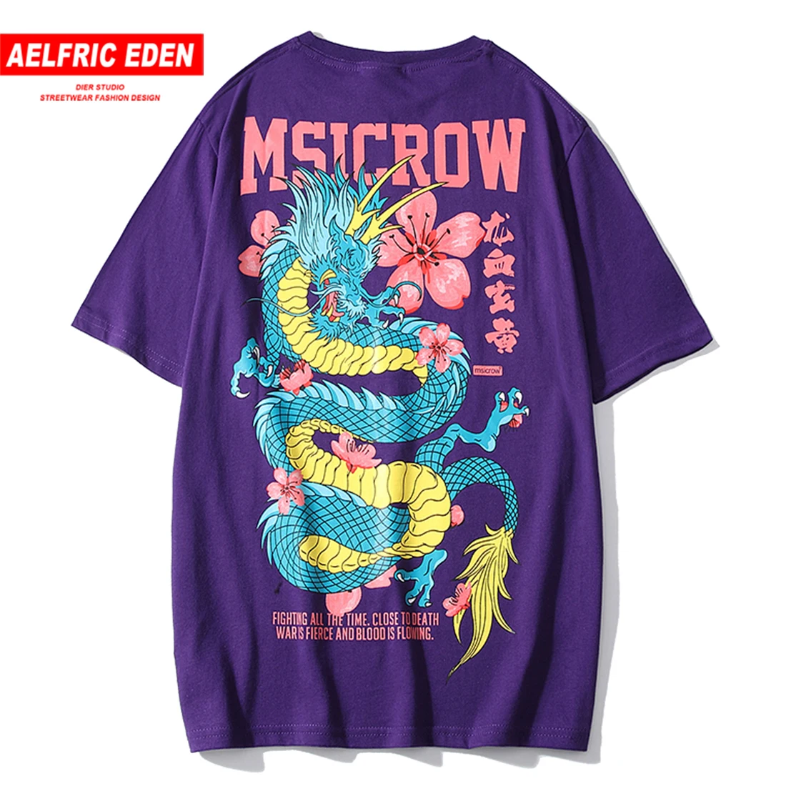 

Aelfric Eden Chinese Characters Legend Dragon with Flower Print T Shirt Men Hip Hop Harajuku Cotton Casual Tshirt Streetwear