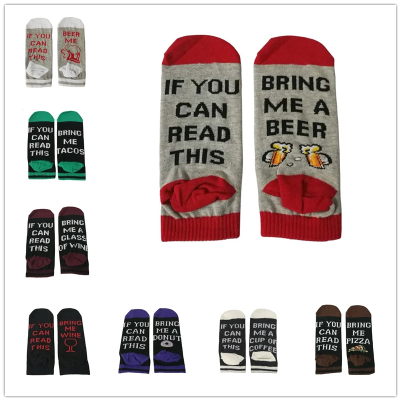 

Summer Funny Cotton Socks if you can read this bring me a Pizza Beer Wine Donut Coffee Humor Words Women Men Ankle Socks