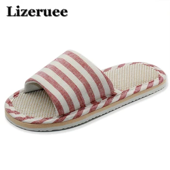 

2018 New Style Household Comfortable Linen Striped Skid Slippers Home Indoor Slipper Summer Women Lover Floor Shoes Q15