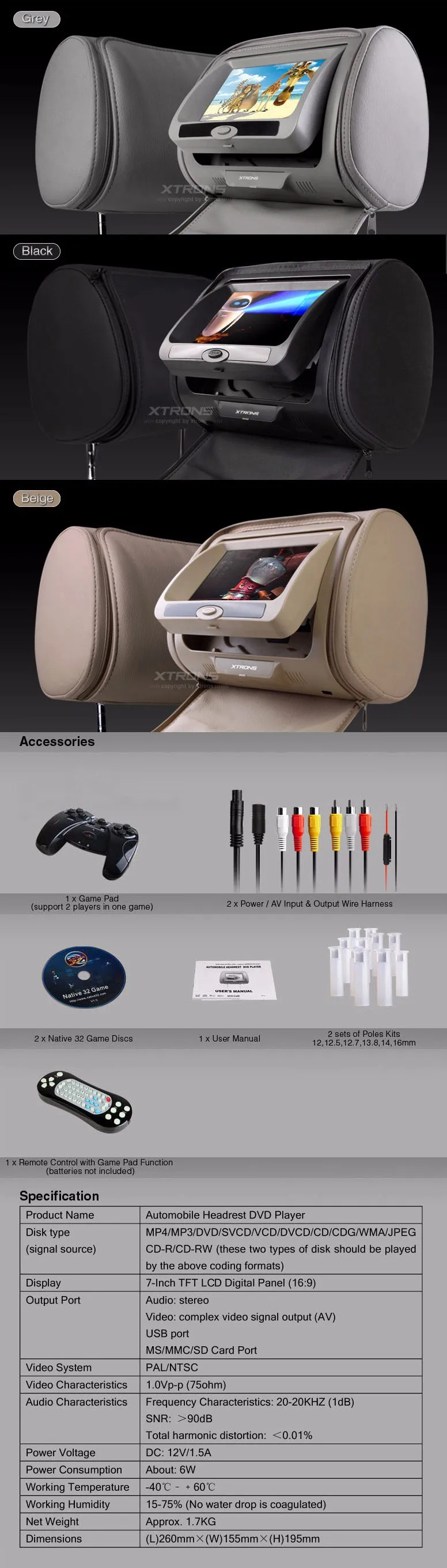 Excellent 2x7" Car DVD For Headrest Monitor Backseat TV Cover With Zipper Support 32 Bits Game 2 Modes To Play IR FM USB SD Auto Pillow 4