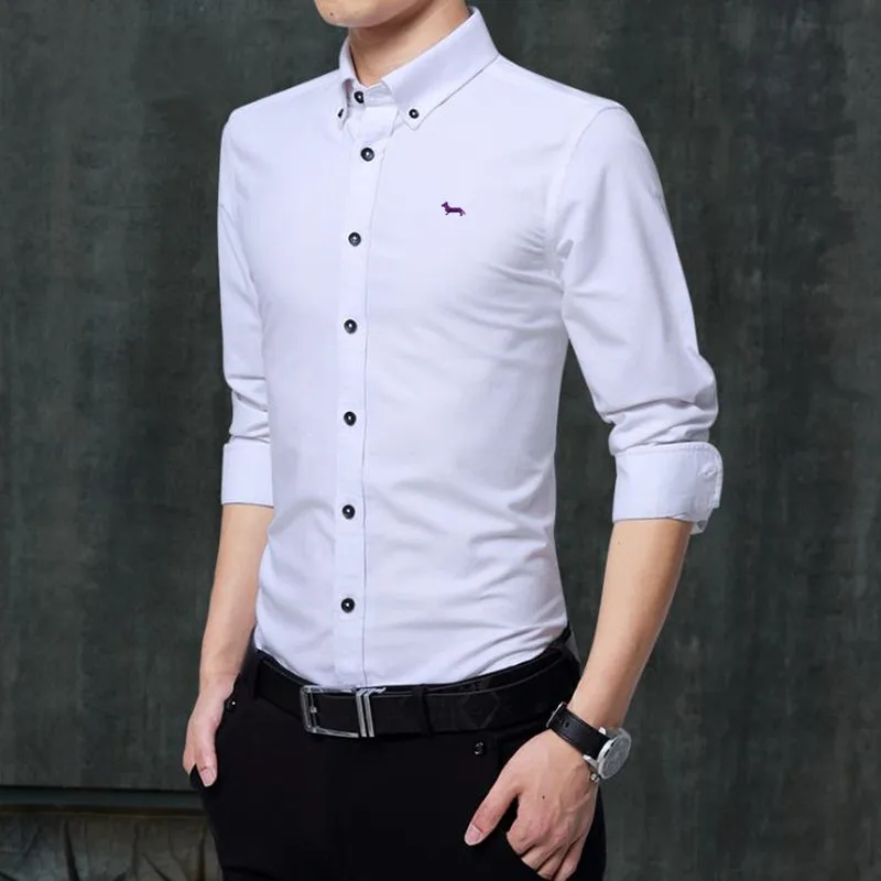 

2018 New spring casual shirt men blouses Harmont camisa masculina Oxford slim fit solid long sleeve Blaine embroidery blouse