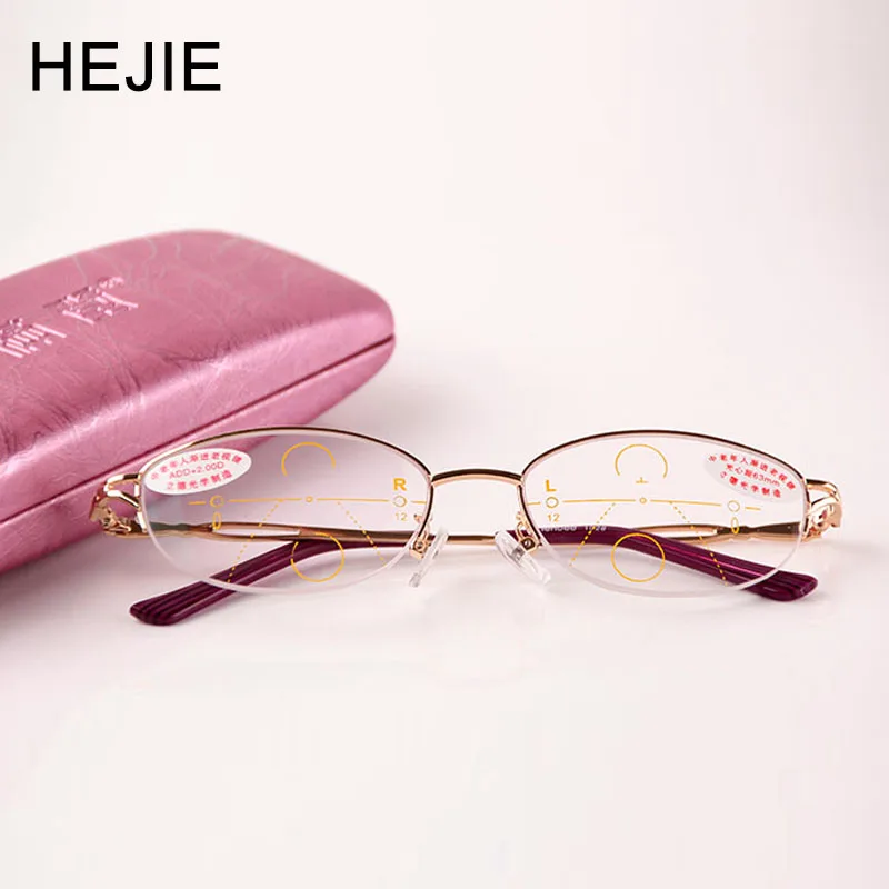 Fashion Women Alloy Multifocal Progressive Reading Glasses Brand Oval Semi Rimless High Quality