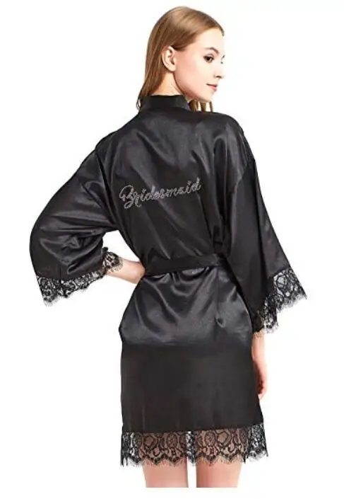 Satin Faux Silk Wedding Bride Bridesmaid Robes,White Bridal Dressing Gown/ Kimono Bathrobes,"BRIDE""BRIDE MAID" Graphic on Back