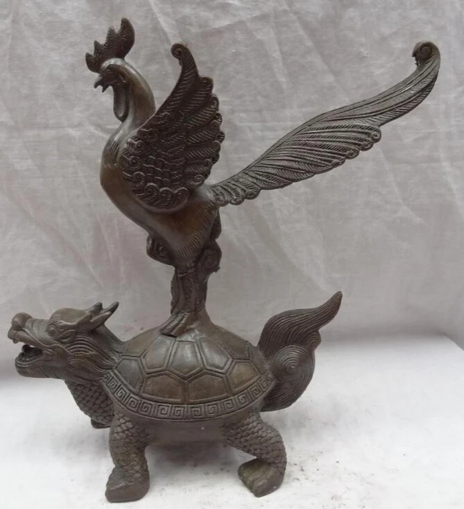 

JP S0114 12" Chinese Bronze Animals Fly Phpenix Peacock On Dragon Turtle Statue Sculpture (B0413)