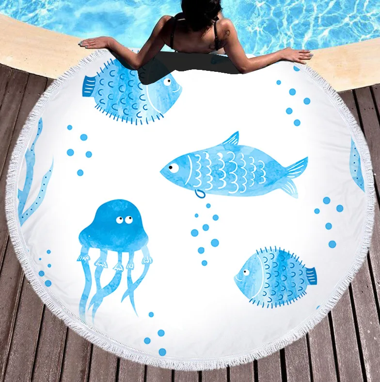 

New Arrives Summer Dophine Marine Series Large Beach Towel Starfish Microfiber Towels with Tassel Serviette De Plage
