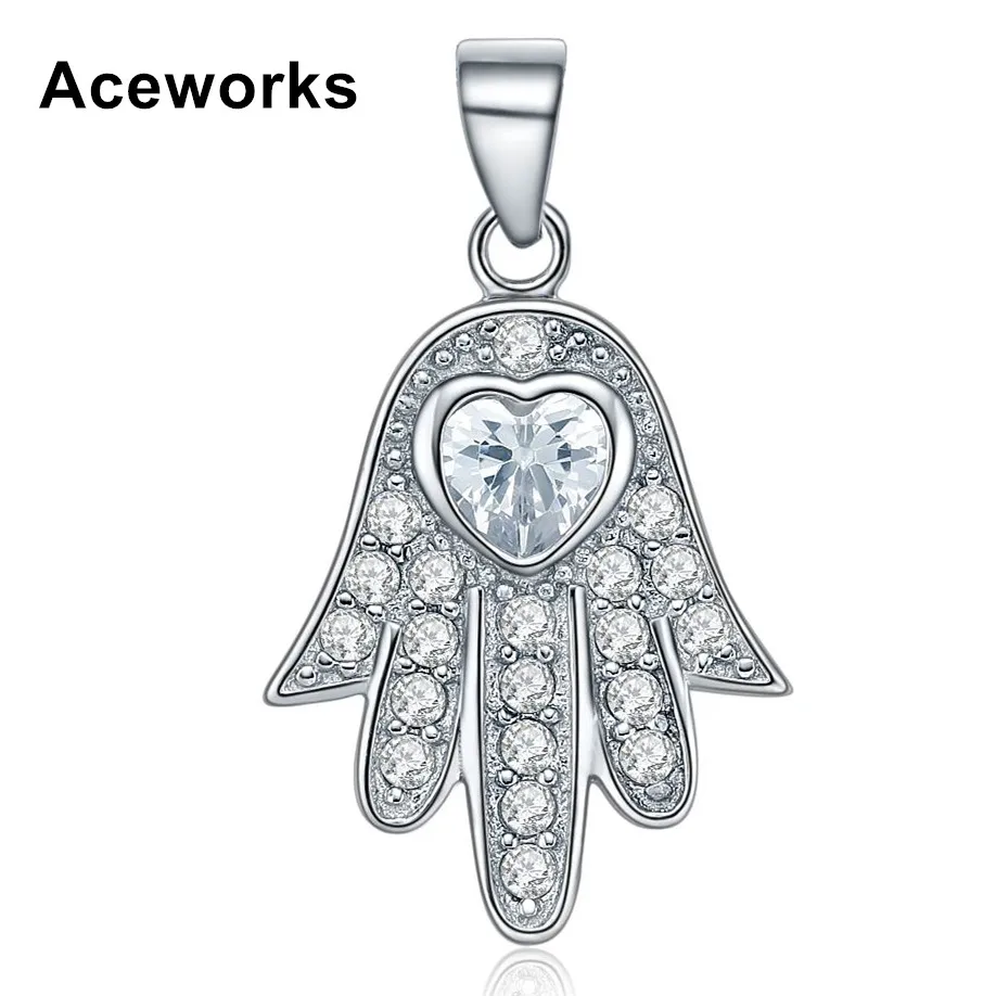 Aceworks Hamsa Hand 100% 925 Sterling Silver Heart Zirconia Charm Pendants Necklace For Punk Jewelry Infinity Design PT2201 | Украшения и