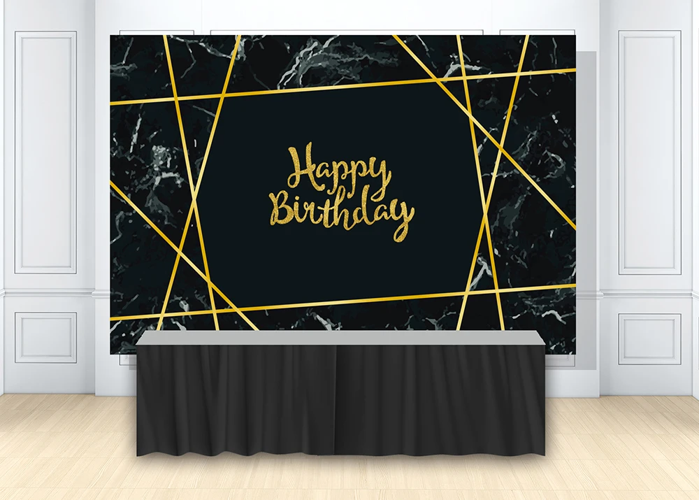 Фон-баннер для взрослых на день рождения элегантный черный мрамор текстура фон Золотые полоски рамка торт десертный стол плакат Декор