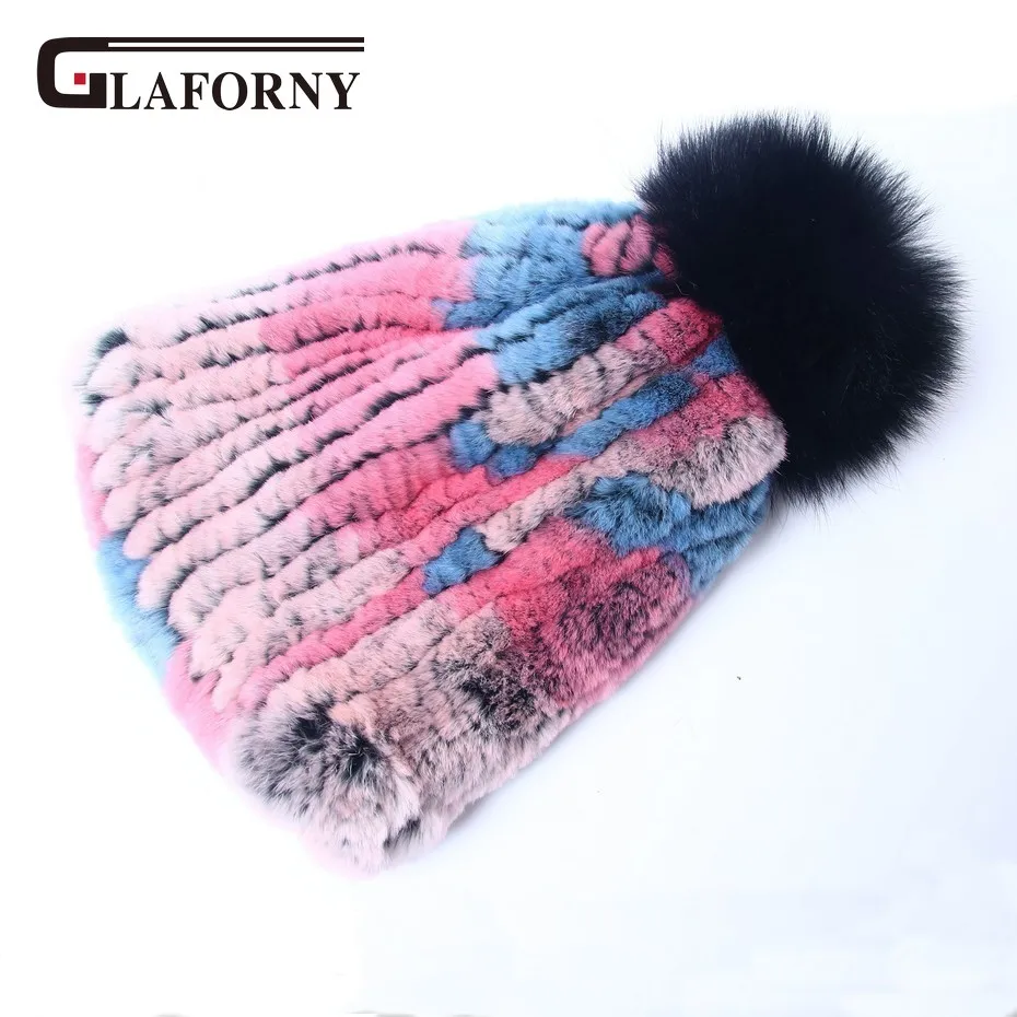 

Glaforny 2018 Autumn and Winter Women's Genuine Rex Rabbit Fur Hats with Fox Fur Ball Female Warm Caps Lady Beanies
