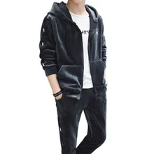 Velvet Tracksuit Two Piece Set Embroidery Male Sweatshirt Elastic Waist Leisure Hooded Grey Long Sleeve Top Pants Suit Runway 
