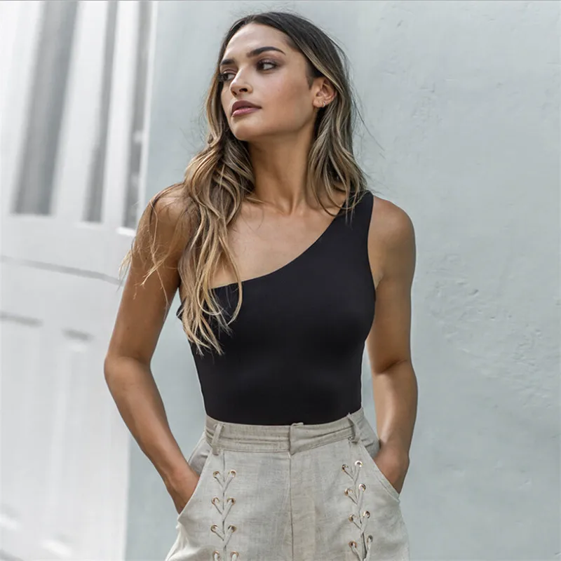 

2019 Summer Women Sexy One Shoulder Bodysuits Romper Sleeveless Bodycon Clubwear Top