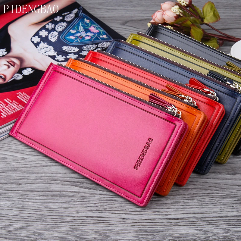 

PIDENGBAO Fashion Wax Skin Women Wallet PU Leather Card Letter Thin Zipper Poucht Multifunction Female Purse Long Card Holder
