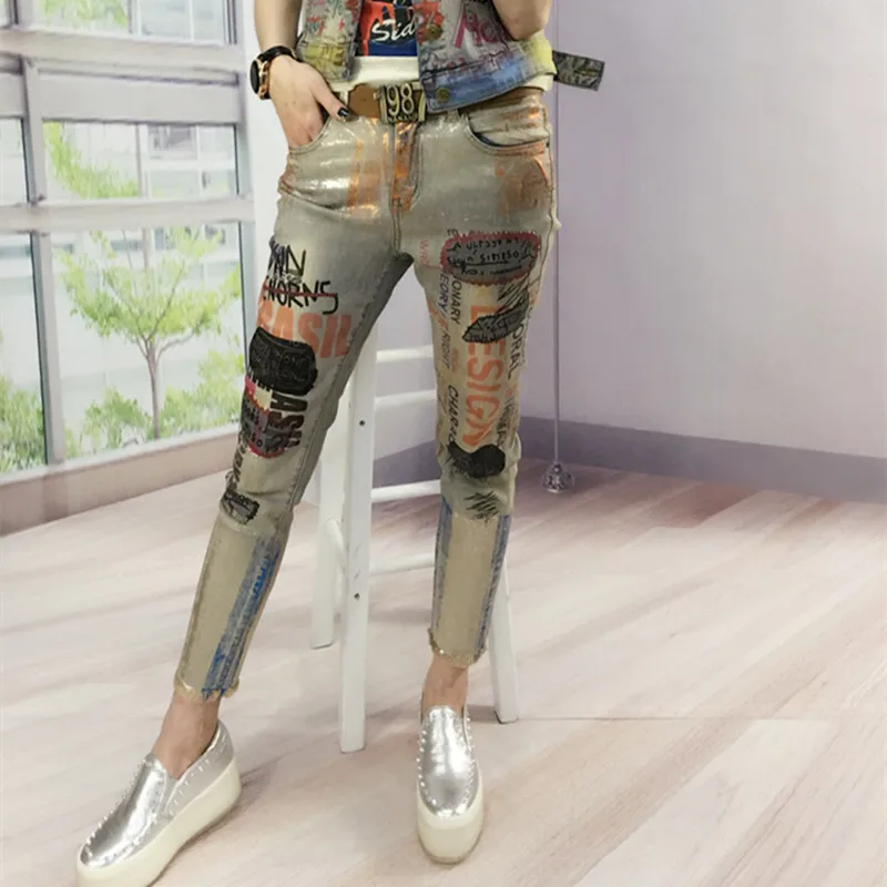 2018 New Hot Summer Fashion Bronzing Letter print Boyfriend Skinny Women Mujer Jeans Female Pencil Pants Vintage MN858