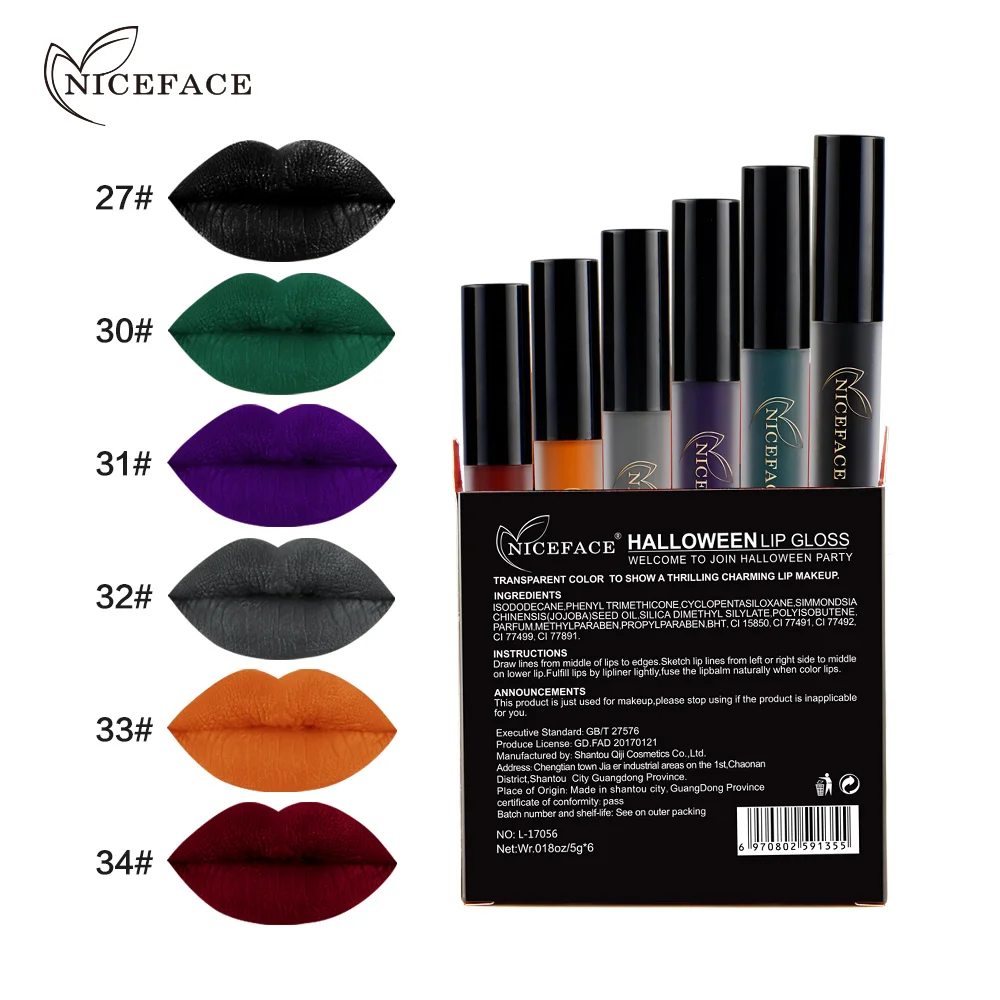 

2017 New Fashion Halloween Lip Gloss Makeup Long Lasting Pigments Green Bllue Black Gothic Matte Lipsticks Set Liquid Makeup