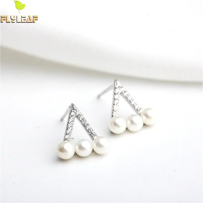 

Flyleaf 100% 925 Sterling Silver Cubic Zirconia Triangle Shell Beads Stud Earrings For Women Fashion Party Jewelry
