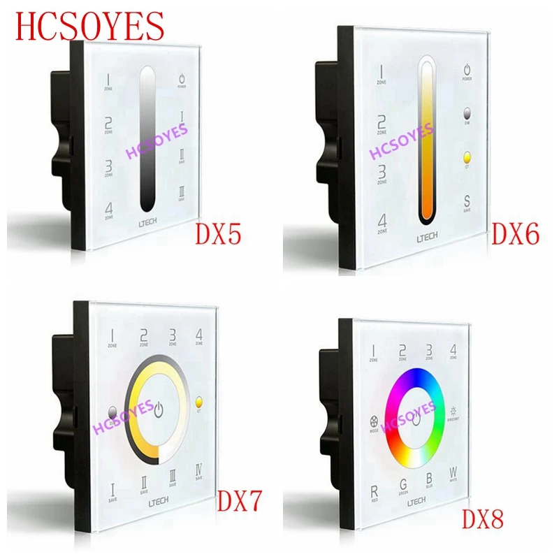 

LTECH DX5/DX6/DX7/DX8 Partitioned RGBW touch panel 2.4G Wireless DMX512 dimmer Partition color temperature touch panel 4 Zones