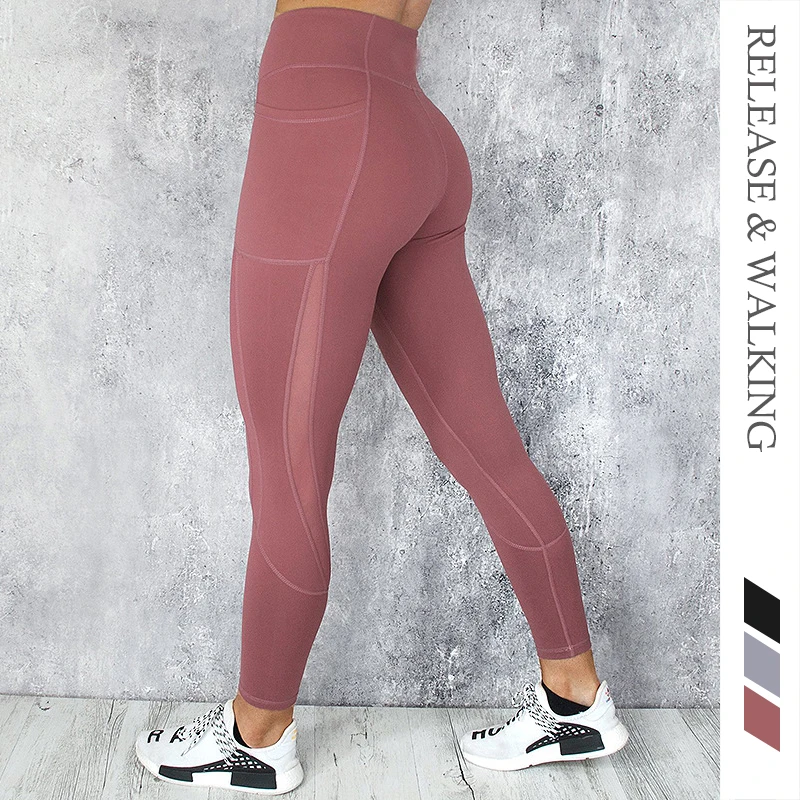 

R&W Mesh Hollow Splice Women High Waist Tight Elastic Sports Leggings Quick Dry Womens Running Fitness Yoga Legging Pants Plus