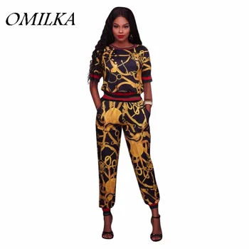 

OMILKA 2018 Summer Women Short Sleeve O Neck Printed Crop Top and Long Pant Set Casual Plus Size Club Party 2 Piece Clothing Set