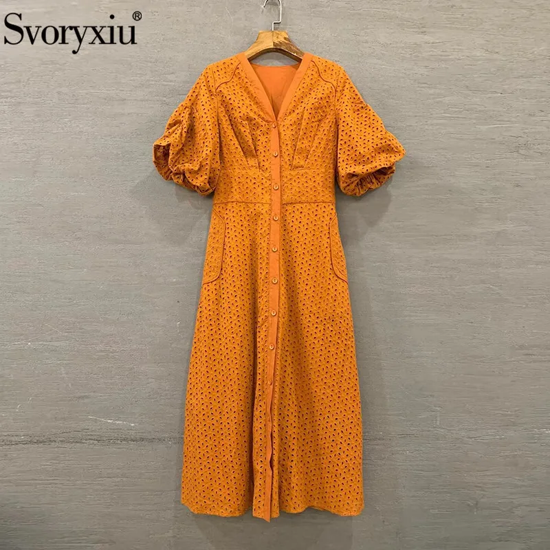 

Svoryxiu Designer Summer Party Long Dress Women's Elegant Puff Sleeve Hollow Out Embroidery V Neck Solid Long Dresses Vestdios