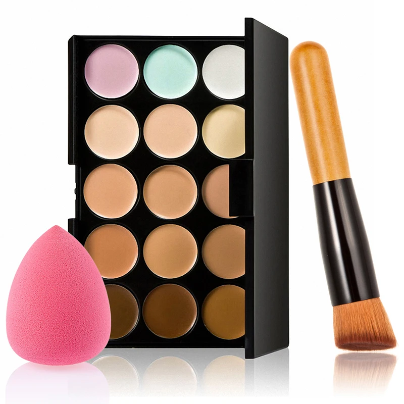 

High Qual 15 Color Concealer Palette+ Wood Oblique Foundation Brush + Water Droplet Puff Makeup Kit 2018 Hot Selling 88 SK88