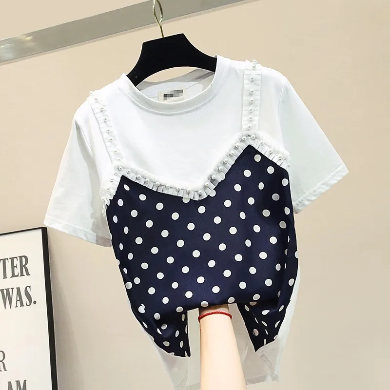 

Pearls polka dot patchwork t shirt women 2019 summer top short sleeve tshirt modis tee shirt femme graphic tees funny t shirts