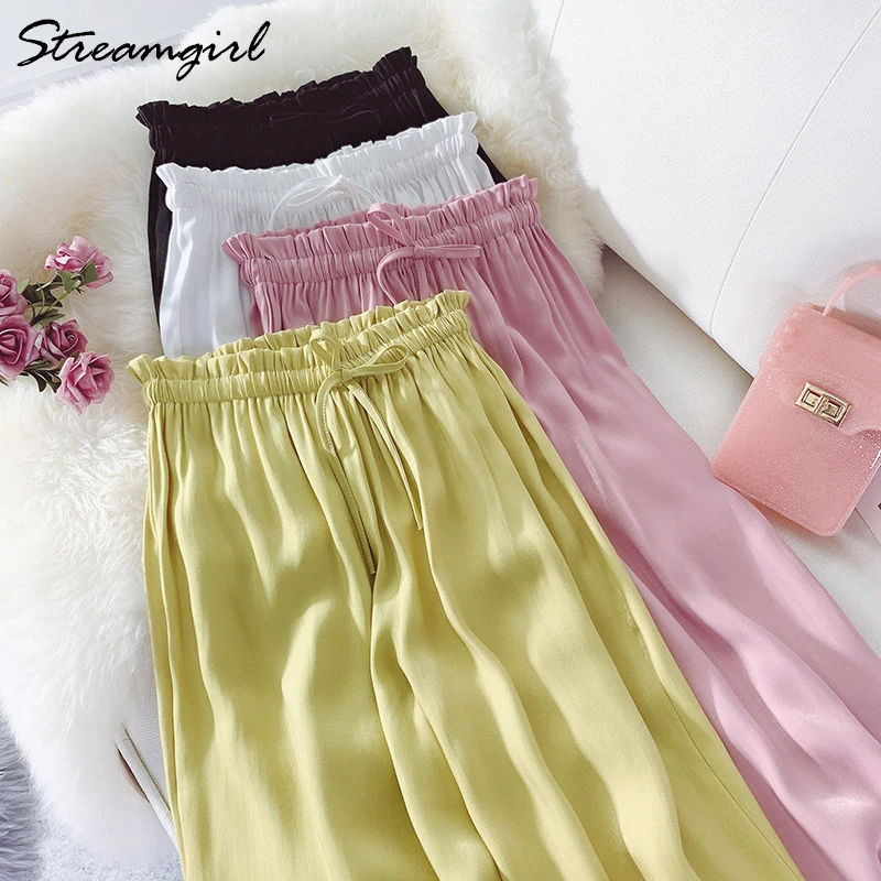 Wide Leg Satin Silk Pants Women Trousers High Waisted Elegant Summer Solid Color Wide Leg Pants Women Satin Trousers Loose New